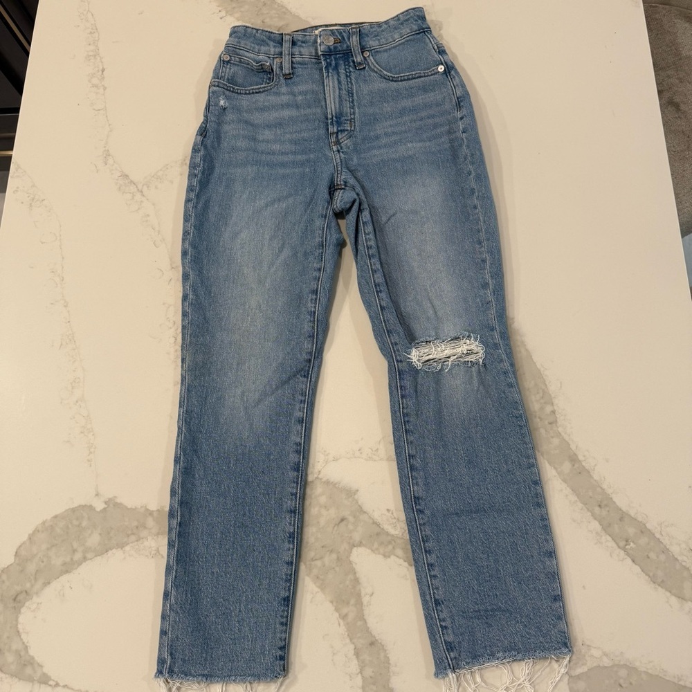Madewell Curvy Perfect Vintage Denim Jean Womens 2 Light Blue Raw Hem Distressed